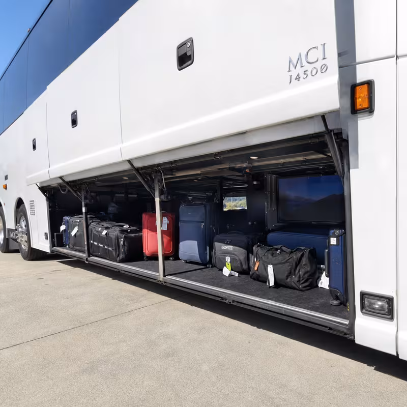 Party bus interior with wraparound leather seating and LED lighting in Naperville