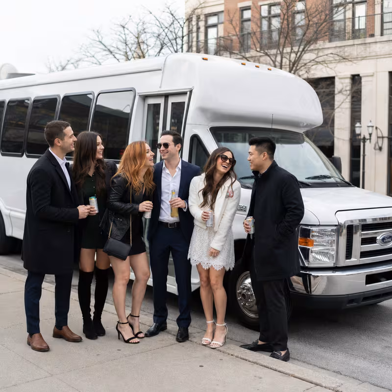 Black Mercedes Sprinter van staged for an Naperville Bachelor & Bachelorette Transportation group