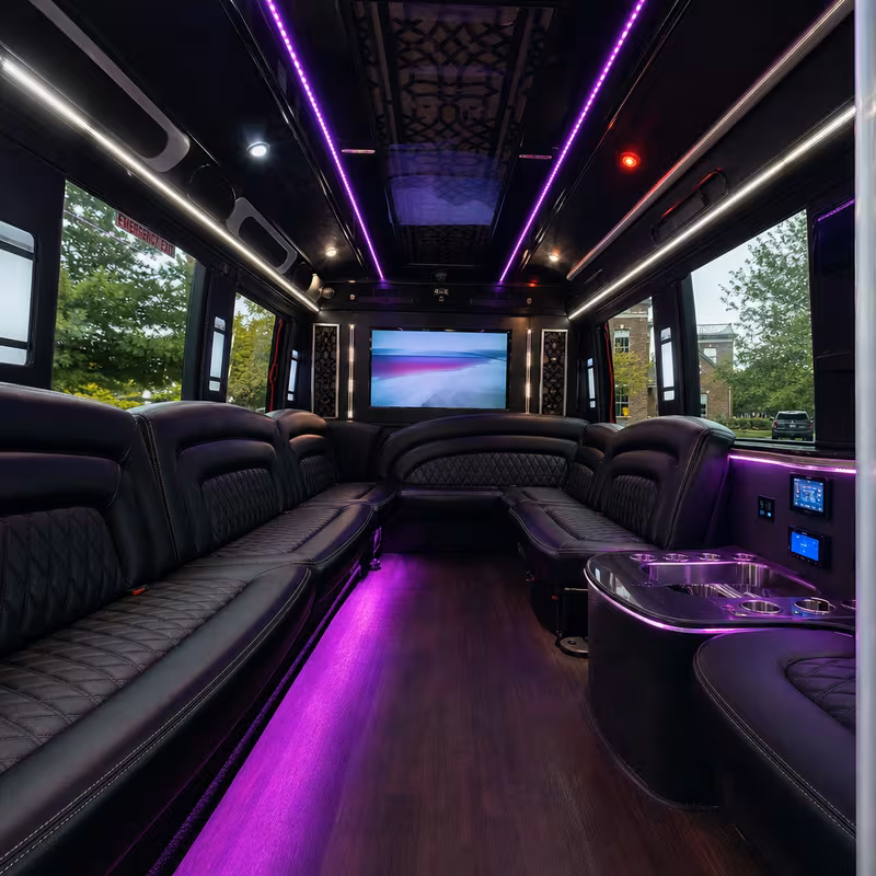 Party bus interior with wraparound leather seating and LED lighting in Naperville