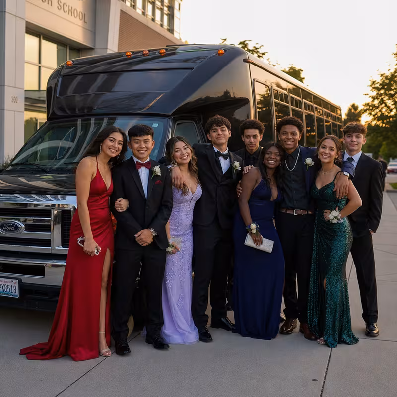Group boarding a white charter bus for Prom & Homecoming Transportation transportation in Naperville