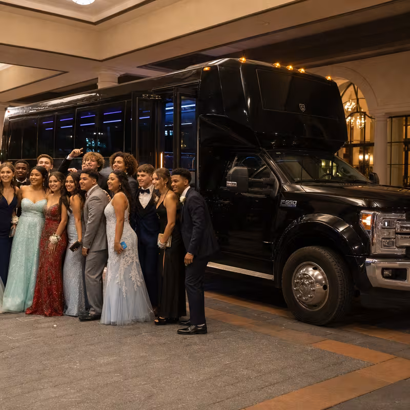 Party bus interior with wraparound leather seating and LED lighting in Naperville