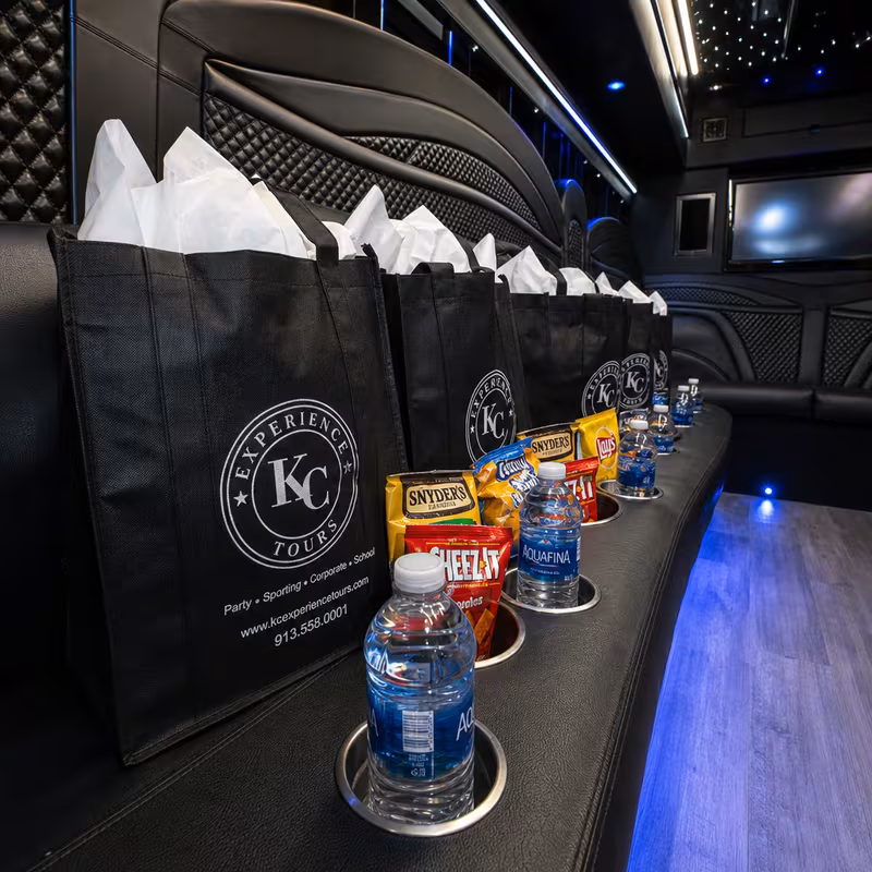 Party bus interior with wraparound leather seating and LED lighting in Naperville
